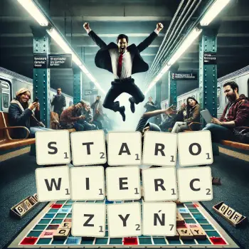 Kreatywna ilustracja do gry w Scrabble ze słowem STAROWIERCZYŃ ułożonym z płytek na planszy.