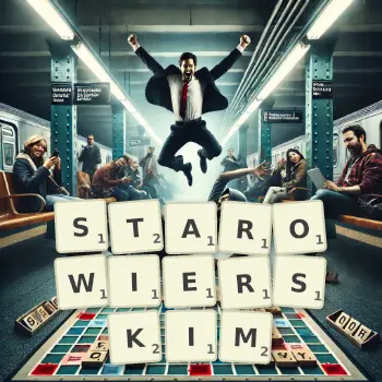 Kreatywna ilustracja do gry w Scrabble ze słowem STAROWIERSKIM ułożonym z płytek na planszy.