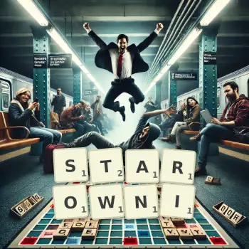 Kreatywna ilustracja do gry w Scrabble ze słowem STAROWNI ułożonym z płytek na planszy.