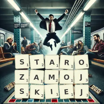 Kreatywna ilustracja do gry w Scrabble ze słowem STAROZAMOJSKIEJ ułożonym z płytek na planszy.