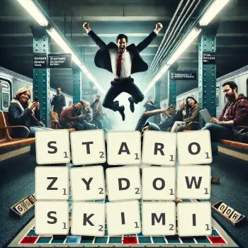 Kreatywna ilustracja do gry w Scrabble ze słowem STAROZYDOWSKIMI ułożonym z płytek na planszy.