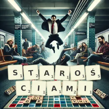 Kreatywna ilustracja do gry w Scrabble ze słowem STAROŚCIAMI ułożonym z płytek na planszy.