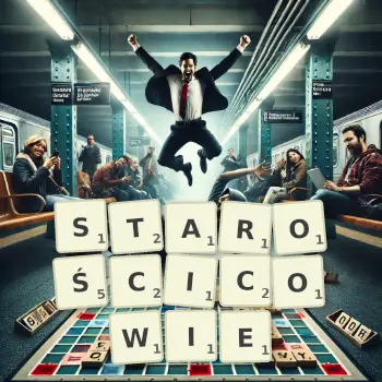 Kreatywna ilustracja do gry w Scrabble ze słowem STAROŚCICOWIE ułożonym z płytek na planszy.