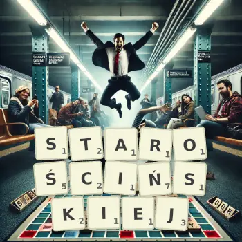 Kreatywna ilustracja do gry w Scrabble ze słowem STAROŚCIŃSKIEJ ułożonym z płytek na planszy.