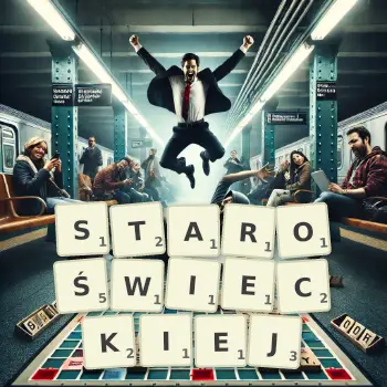 Kreatywna ilustracja do gry w Scrabble ze słowem STAROŚWIECKIEJ ułożonym z płytek na planszy.