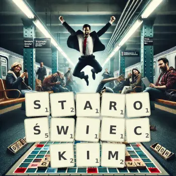 Kreatywna ilustracja do gry w Scrabble ze słowem STAROŚWIECKIM ułożonym z płytek na planszy.