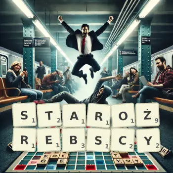 Kreatywna ilustracja do gry w Scrabble ze słowem STAROŹREBSCY ułożonym z płytek na planszy.