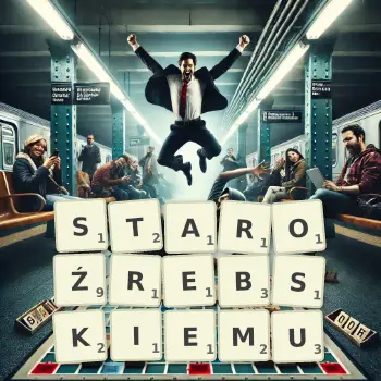 Kreatywna ilustracja do gry w Scrabble ze słowem STAROŹREBSKIEMU ułożonym z płytek na planszy.