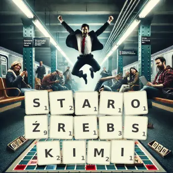 Kreatywna ilustracja do gry w Scrabble ze słowem STAROŹREBSKIMI ułożonym z płytek na planszy.