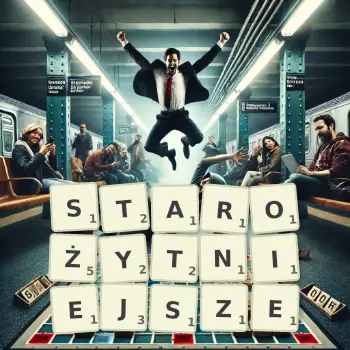 Kreatywna ilustracja do gry w Scrabble ze słowem STAROŻYTNIEJSZE ułożonym z płytek na planszy.