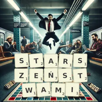 Kreatywna ilustracja do gry w Scrabble ze słowem STARSZEŃSTWAMI ułożonym z płytek na planszy.