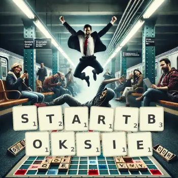 Kreatywna ilustracja do gry w Scrabble ze słowem STARTBOKSIE ułożonym z płytek na planszy.