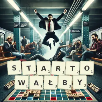 Kreatywna ilustracja do gry w Scrabble ze słowem STARTOWAŁBY ułożonym z płytek na planszy.