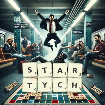 Kreatywna ilustracja do gry w Scrabble ze słowem STARTYCH ułożonym z płytek na planszy.