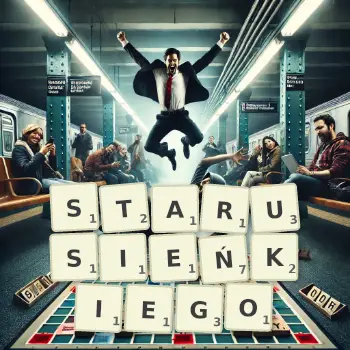 Kreatywna ilustracja do gry w Scrabble ze słowem STARUSIEŃKIEGO ułożonym z płytek na planszy.