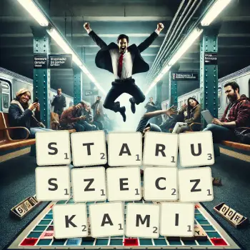 Kreatywna ilustracja do gry w Scrabble ze słowem STARUSZECZKAMI ułożonym z płytek na planszy.