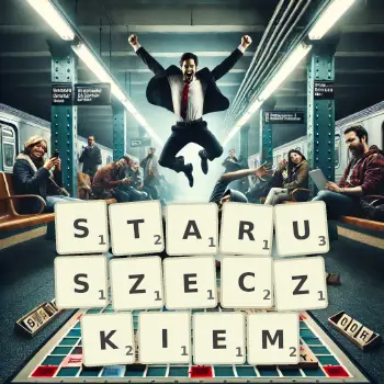 Kreatywna ilustracja do gry w Scrabble ze słowem STARUSZECZKIEM ułożonym z płytek na planszy.
