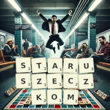 Kreatywna ilustracja do gry w Scrabble ze słowem STARUSZECZKOM ułożonym z płytek na planszy.