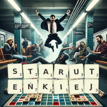 Kreatywna ilustracja do gry w Scrabble ze słowem STARUTEŃKIEJ ułożonym z płytek na planszy.