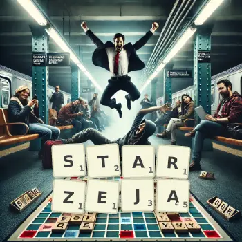 Kreatywna ilustracja do gry w Scrabble ze słowem STARZEJĄ ułożonym z płytek na planszy.