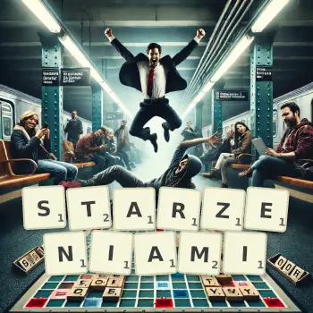 Kreatywna ilustracja do gry w Scrabble ze słowem STARZENIAMI ułożonym z płytek na planszy.