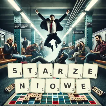 Kreatywna ilustracja do gry w Scrabble ze słowem STARZENIOWE ułożonym z płytek na planszy.