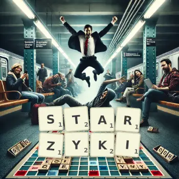 Kreatywna ilustracja do gry w Scrabble ze słowem STARZYKI ułożonym z płytek na planszy.