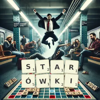 Kreatywna ilustracja do gry w Scrabble ze słowem STARÓWKI ułożonym z płytek na planszy.