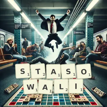 Kreatywna ilustracja do gry w Scrabble ze słowem STASOWALI ułożonym z płytek na planszy.