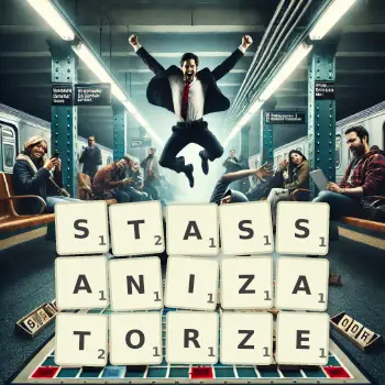 Kreatywna ilustracja do gry w Scrabble ze słowem STASSANIZATORZE ułożonym z płytek na planszy.