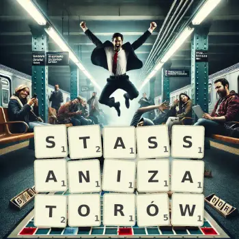 Kreatywna ilustracja do gry w Scrabble ze słowem STASSANIZATORÓW ułożonym z płytek na planszy.