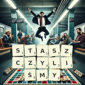 Kreatywna ilustracja do gry w Scrabble ze słowem STASZCZYLIŚMY ułożonym z płytek na planszy.