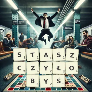 Kreatywna ilustracja do gry w Scrabble ze słowem STASZCZYŁOBYŚ ułożonym z płytek na planszy.