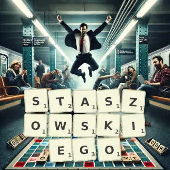 Kreatywna ilustracja do gry w Scrabble ze słowem STASZOWSKIEGO ułożonym z płytek na planszy.