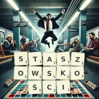 Kreatywna ilustracja do gry w Scrabble ze słowem STASZOWSKOŚCI ułożonym z płytek na planszy.