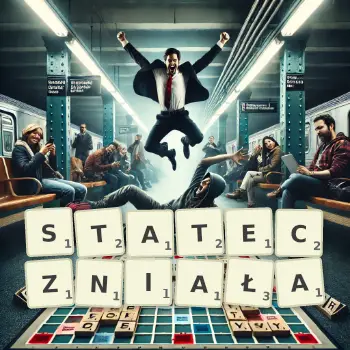 Kreatywna ilustracja do gry w Scrabble ze słowem STATECZNIAŁA ułożonym z płytek na planszy.