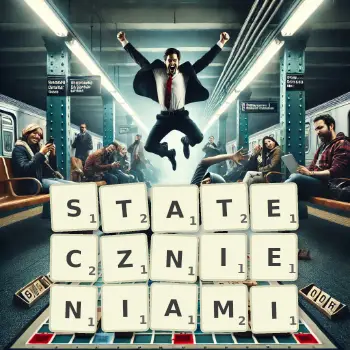 Kreatywna ilustracja do gry w Scrabble ze słowem STATECZNIENIAMI ułożonym z płytek na planszy.