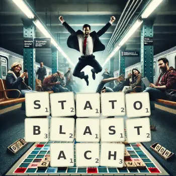 Kreatywna ilustracja do gry w Scrabble ze słowem STATOBLASTACH ułożonym z płytek na planszy.