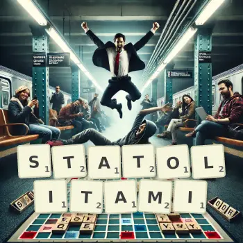 Kreatywna ilustracja do gry w Scrabble ze słowem STATOLITAMI ułożonym z płytek na planszy.