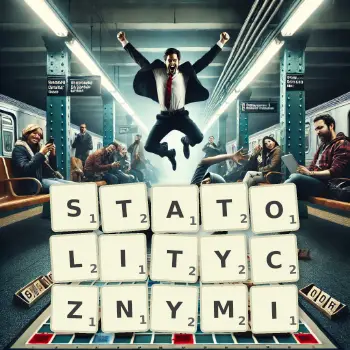 Kreatywna ilustracja do gry w Scrabble ze słowem STATOLITYCZNYMI ułożonym z płytek na planszy.