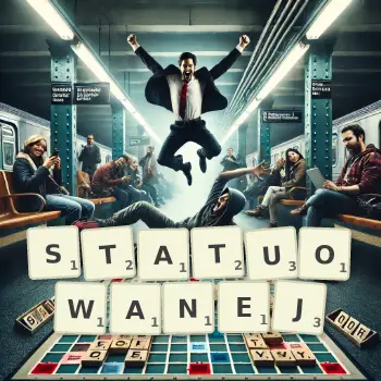 Kreatywna ilustracja do gry w Scrabble ze słowem STATUOWANEJ ułożonym z płytek na planszy.
