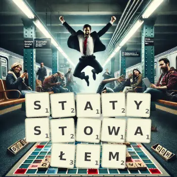 Kreatywna ilustracja do gry w Scrabble ze słowem STATYSTOWAŁEM ułożonym z płytek na planszy.