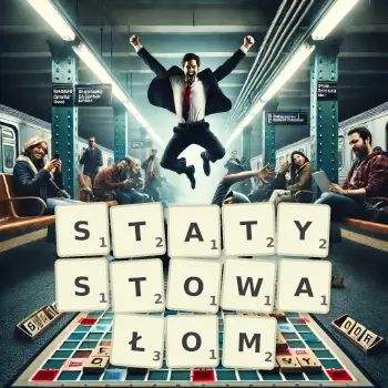 Kreatywna ilustracja do gry w Scrabble ze słowem STATYSTOWAŁOM ułożonym z płytek na planszy.