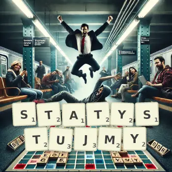 Kreatywna ilustracja do gry w Scrabble ze słowem STATYSTUJMY ułożonym z płytek na planszy.