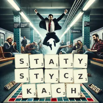 Kreatywna ilustracja do gry w Scrabble ze słowem STATYSTYCZKACH ułożonym z płytek na planszy.