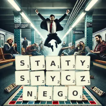 Kreatywna ilustracja do gry w Scrabble ze słowem STATYSTYCZNEGO ułożonym z płytek na planszy.