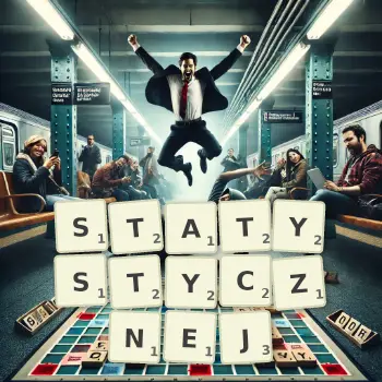 Kreatywna ilustracja do gry w Scrabble ze słowem STATYSTYCZNEJ ułożonym z płytek na planszy.