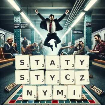 Kreatywna ilustracja do gry w Scrabble ze słowem STATYSTYCZNYMI ułożonym z płytek na planszy.