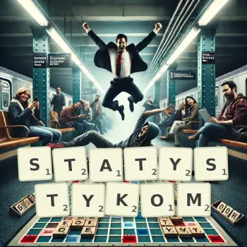 Kreatywna ilustracja do gry w Scrabble ze słowem STATYSTYKOM ułożonym z płytek na planszy.