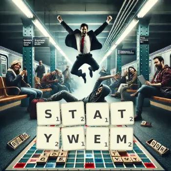 Kreatywna ilustracja do gry w Scrabble ze słowem STATYWEM ułożonym z płytek na planszy.